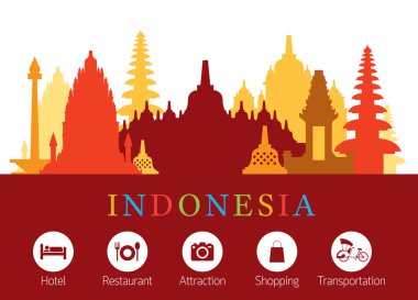 Indonesia Landmarks Skyline with Accomodation Icons clipart
