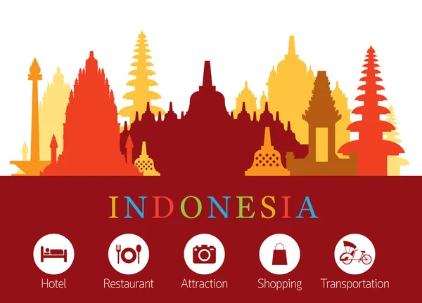 Zajímavosti Panorama s ikonami ubytování Indonésie — Stockový vektor