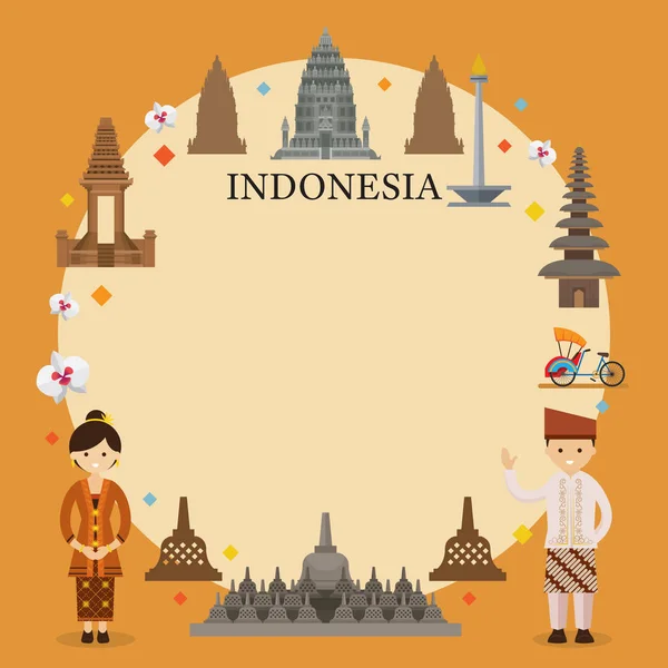 Indonesia Landmarks, Pessoas em Vestuário Tradicional, Moldura — Vetor de Stock