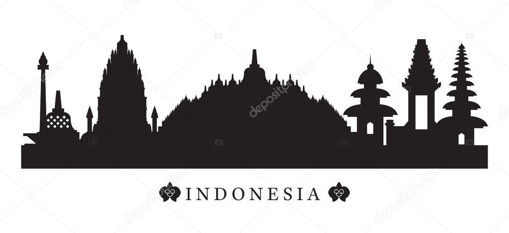 Indonesia Landmarks Skyline in Black and White Silhouette