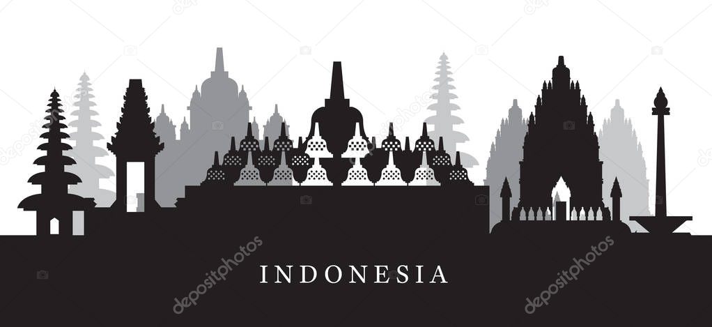 Indonesia Landmarks Skyline in Black and White Silhouette