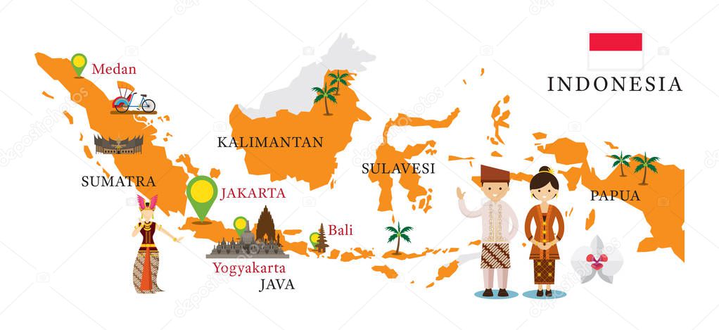 Indonesia Map and Landmarks with People in Traditional Clothing