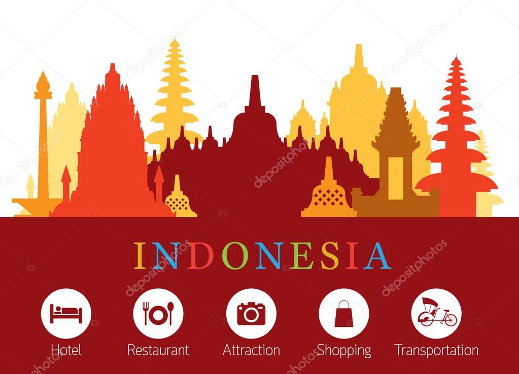 Indonesia Landmarks Skyline with Accomodation Icons