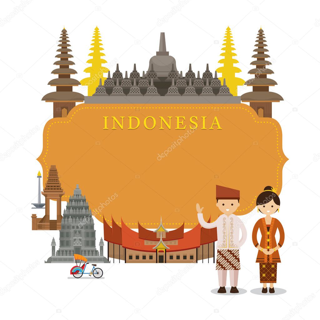 Indonesia Landmarks, People in Traditional Clothing, Frame