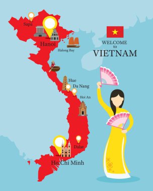 Vietnam Haritası ve Simgesel geleneksel giyim insanlarla