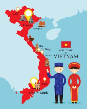 Vietnam Haritası ve Simgesel geleneksel giyim insanlarla