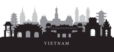 Vietnam yerlerinden manzarası içinde siyah ve beyaz siluet