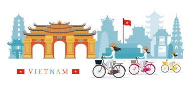 Konik şapka ile Vietnam kadın Bisikletler, yerlerinden Backg binmek