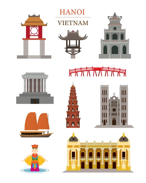 ハノイ ベトナム ランドマーク建築建物オブジェクト セット — ストックベクタ
