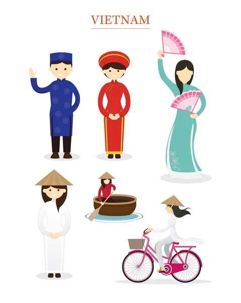 Vietnamese People in Traditional Clothing and Lifestyle — Stock Vector