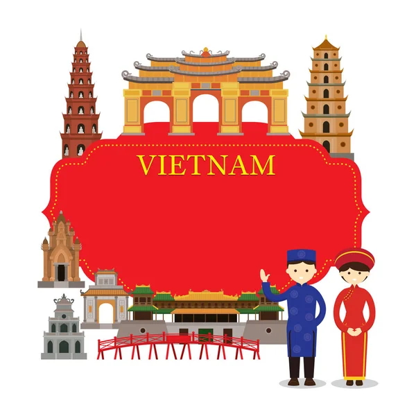 Vietnam místa, lidé v tradičních oděvů, rám — Stockový vektor
