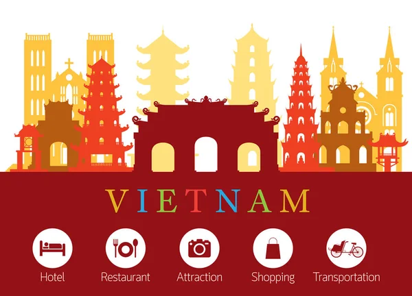 Vietnam Landmarks Skyline with Accommodation Icons — Stock Vector
