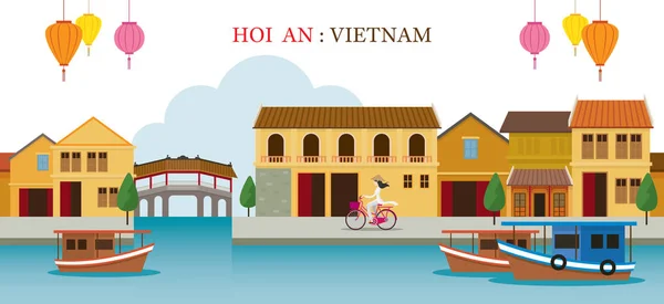 Hoi en Vietnam sevärdheter Skyline — Stock vektor