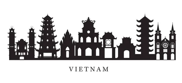 Vietnams Wahrzeichen Skyline in schwarz-weißer Silhouette — Stockvektor
