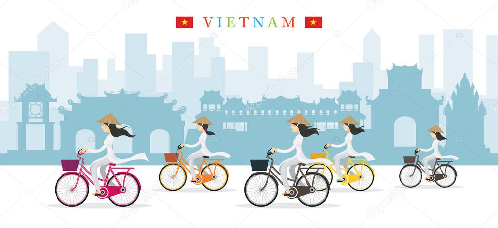 Vietnamese Women with Conical Hat Ride Bicycles, Landmarks Backg