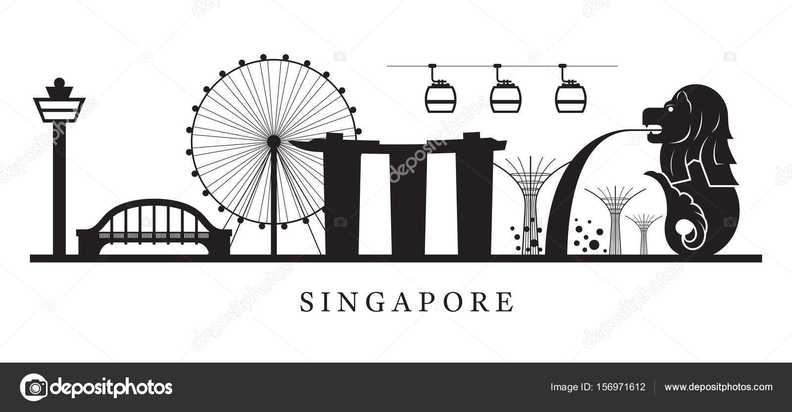 Singapore Landmarks Skyline In Black And White Silhouette Stock Vector C Muchmania