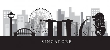 Singapur yerlerinden manzarası içinde siyah ve beyaz siluet