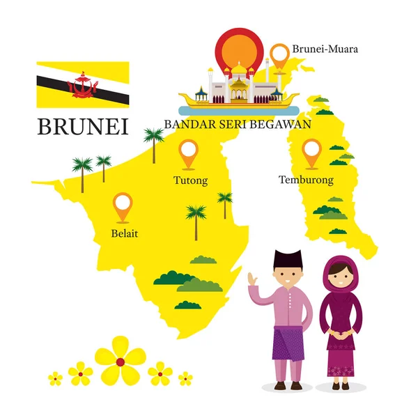 Brunei-Karte und Sehenswürdigkeiten mit Menschen in traditioneller Kleidung — Stockvektor