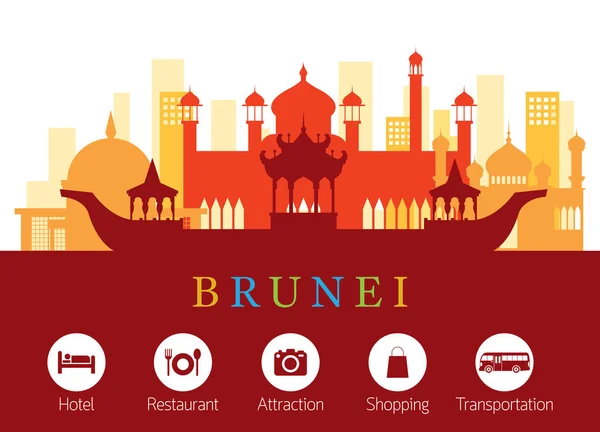 Brunei Landmarks Skyline с иконами размещения — стоковый вектор