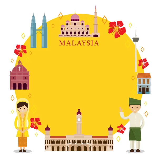 Malaysia Landmarks, People in Traditional Clothing, Frame — Stock Vector