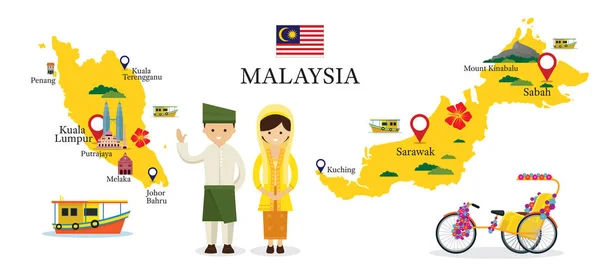 Χάρτης Μαλαισία και σημεία ενδιαφέροντος με τους ανθρώπους στην παραδοσιακή ενδυμασία — Διανυσματικό Αρχείο