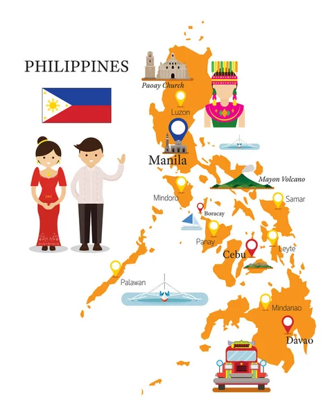 Filipinas Mapa e marcos com pessoas em Clothin tradicional — Vetor de Stock