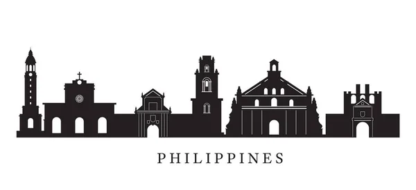 Filipinas Lugares emblemáticos Skyline en silueta blanca y negra — Vector de stock