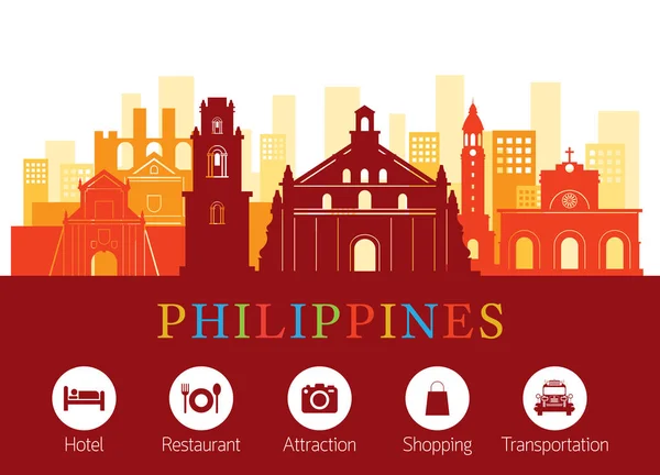 Filipinas Lugares emblemáticos Skyline con el icono del alojamiento — Vector de stock