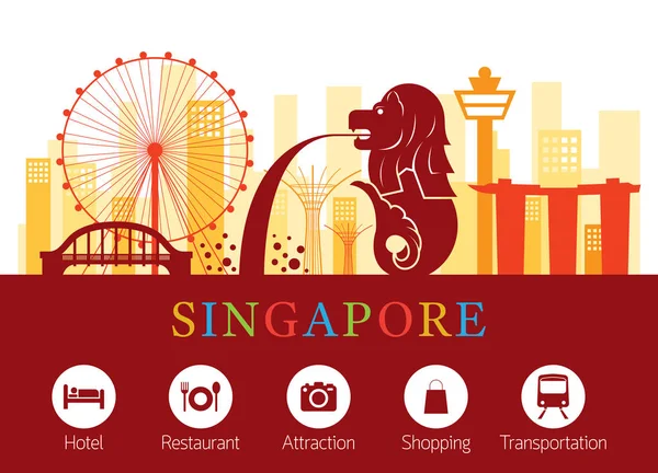 Singapur Lugares emblemáticos Skyline con iconos de alojamiento — Vector de stock