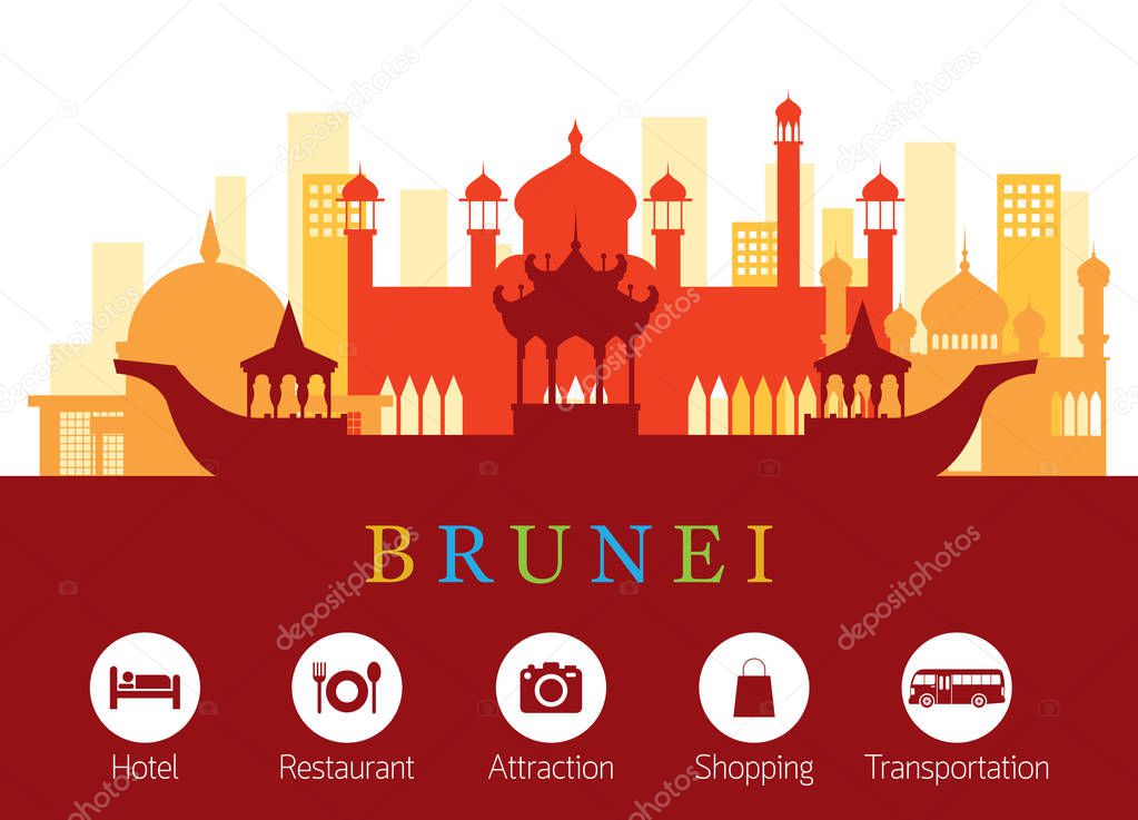Brunei Landmarks Skyline with Accommodation Icons