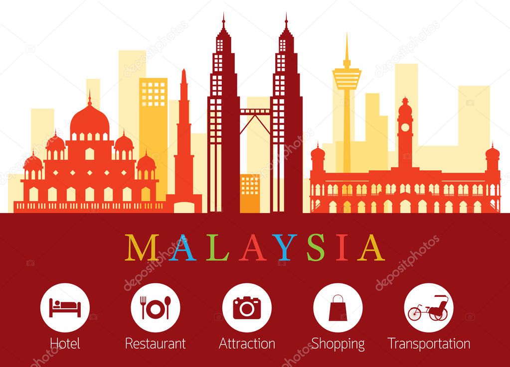 Malaysia Landmarks Skyline with Accommodation Icons