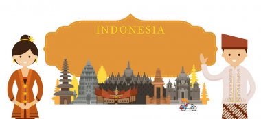 Indonesia Landmarks and people in Traditional Clothing clipart