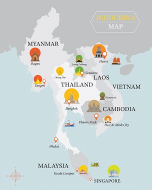 Indochina harita ile ulusal sermaye yerler kutsal kişilerin resmi