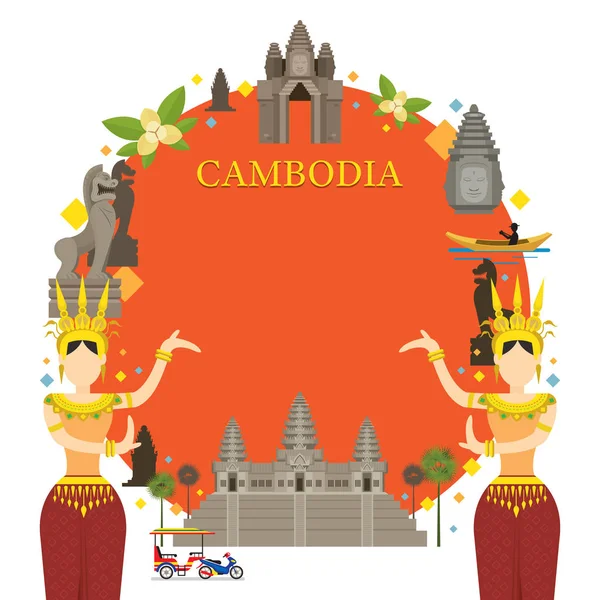 Cambogia Luoghi di interesse, Danza tradizionale, Cornice — Vettoriale Stock