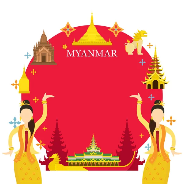 Myanmar Lugares de interés, Danza tradicional, Marco — Vector de stock