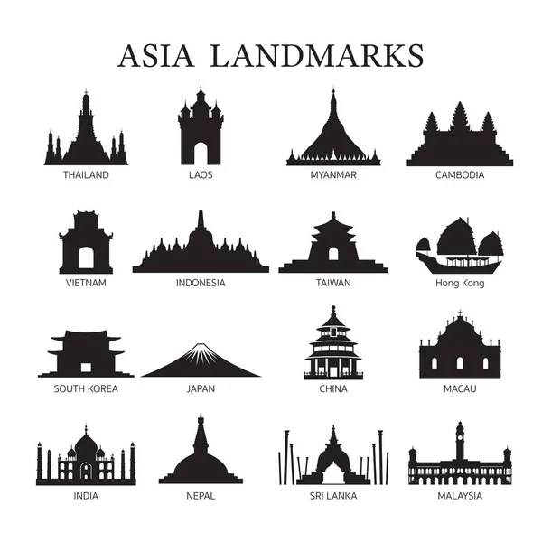 Asie Repères Architecture Bâtiment Silhouette Set — Image vectorielle
