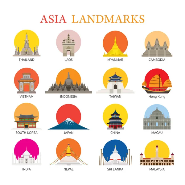 Azië monumenten architectuur gebouw Icons Set — Stockvector