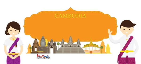 Kambodža památky a lidé v tradičním oblečení — Stockový vektor