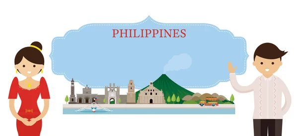 菲律宾地标和传统服装的人 — 图库矢量图片