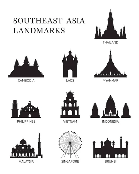 Asean, Sydostasien Landmark siluett Set — Stock vektor