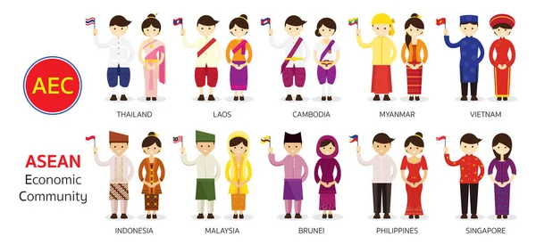 Νοτιοανατολική Ασία ανθρώπους στην παραδοσιακή ενδυμασία κρατώντας σημαία — Διανυσματικό Αρχείο