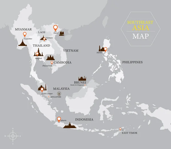 東南アジアの国と首都の場所地図 — ストックベクタ