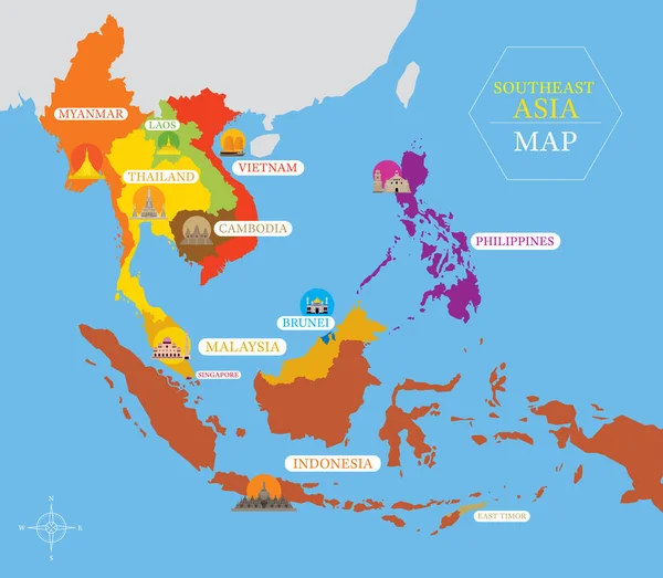 Mapa del sudeste asiático con iconos de país y ubicación — Vector de stock