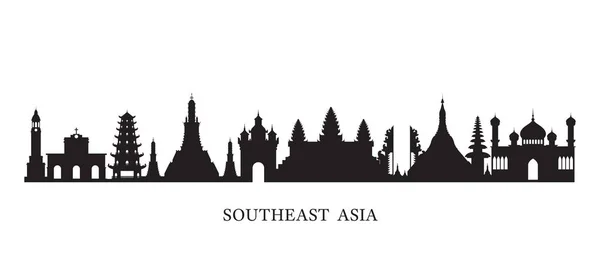 Hitos del sudeste asiático Skyline en silueta blanca y negra — Archivo Imágenes Vectoriales