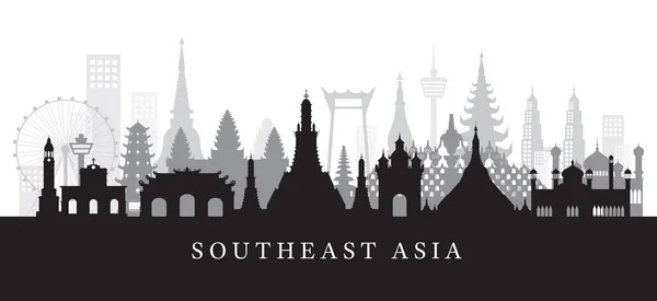 Délkelet-Ázsia látnivalók városkép fekete és fehér sziluettjét — Stock Vector