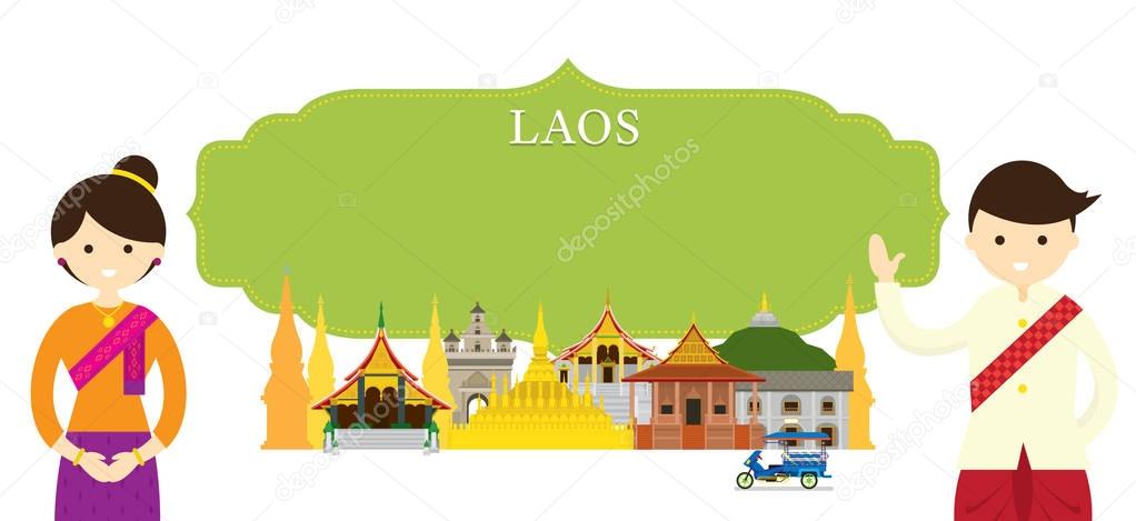 Laos Landmarks and people in Traditional Clothing