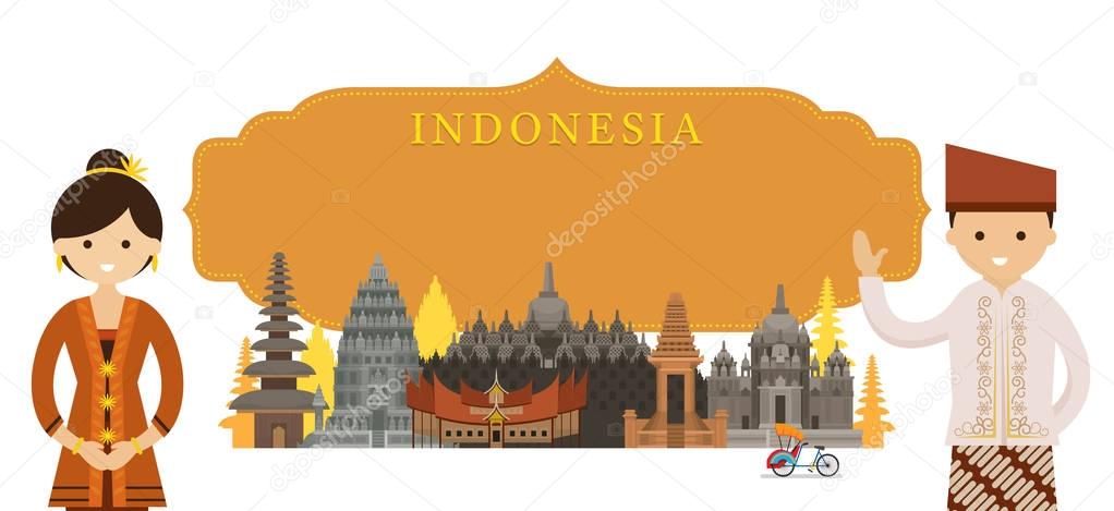 Indonesia Landmarks and people in Traditional Clothing