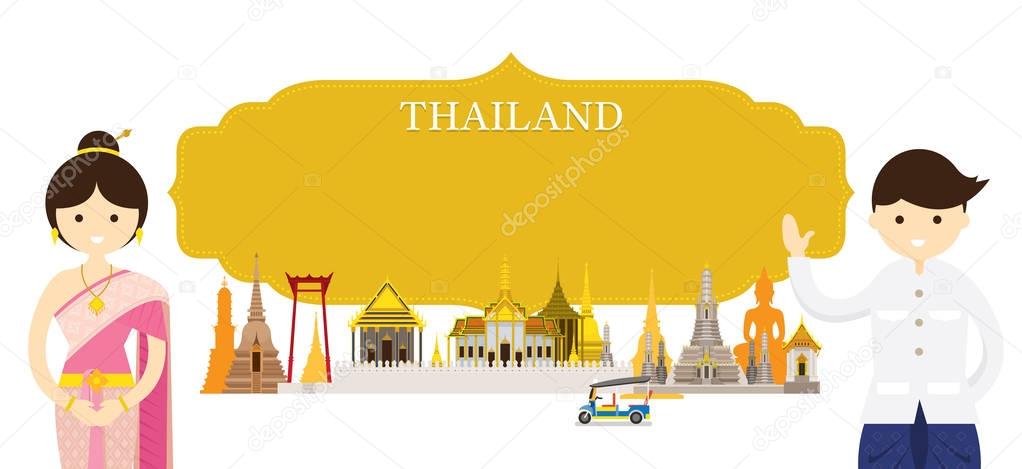 Thailand Landmarks and people in Traditional Clothing