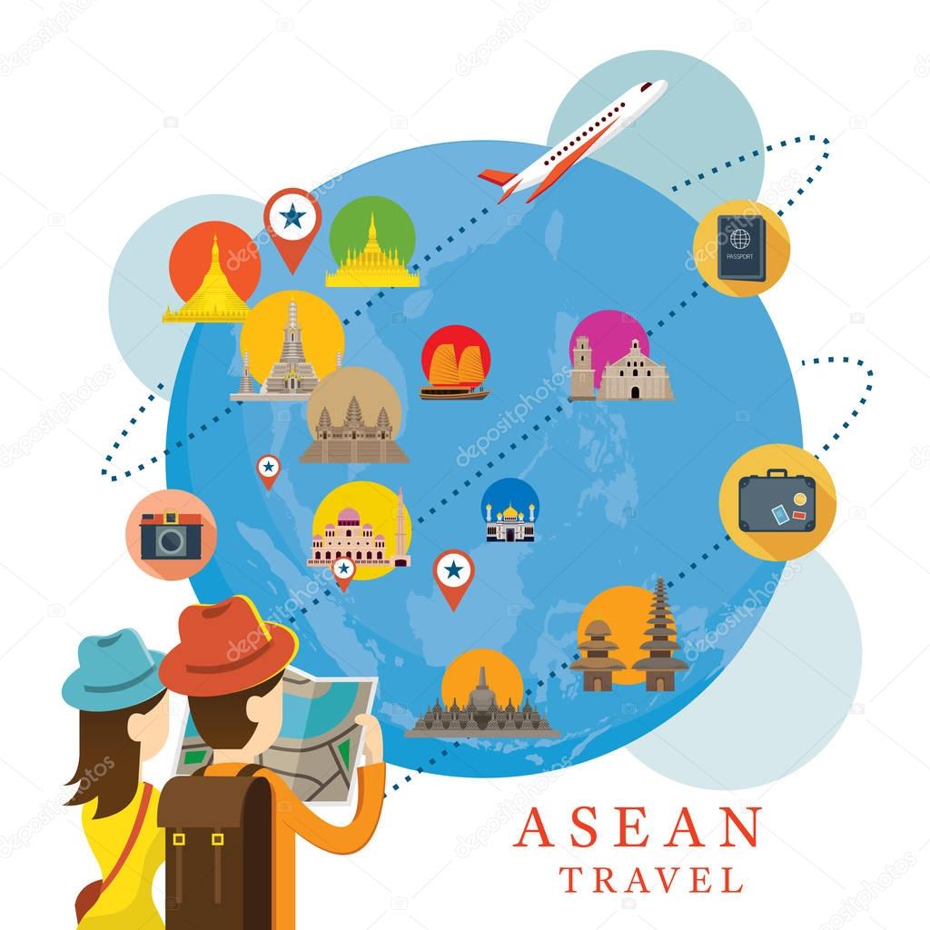 Traveller with Globe and Southeast Asia Map and Landmarks