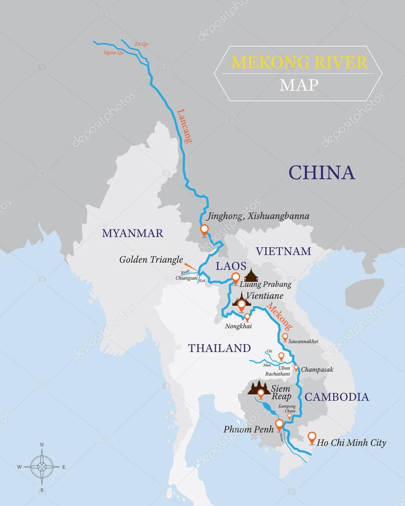Mekong River Map with Country and City Location